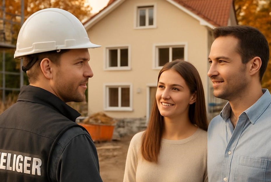 Bauleiter berät Kunden auf Baustelle für Einfamilienhaussanierung