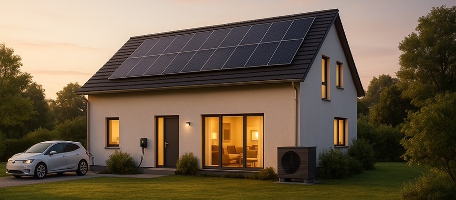Einfamilienhaus am frühen Abend mit Auto auf Parkplatz und sicht ins Wohnzimmer