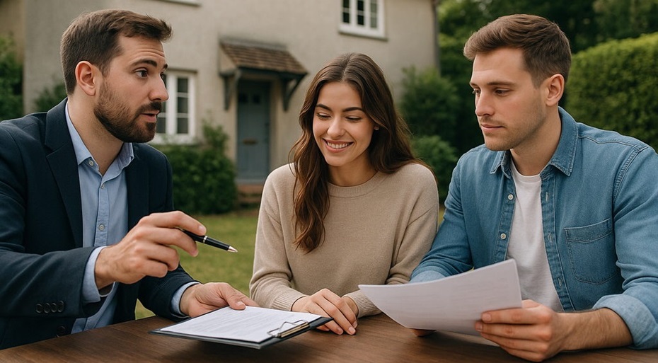 Ein profesioneller Berater der Loeliger AG spricht mit einem jungen Paar das sich ein Haus kaufen möchte.
